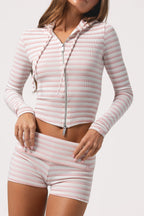 Chic Ribbed Jersey Cropped Hoodie in Pink Stripe
