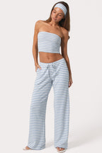 Chic Ribbed Jersey Low-Rise Trousers in Blue Stripe