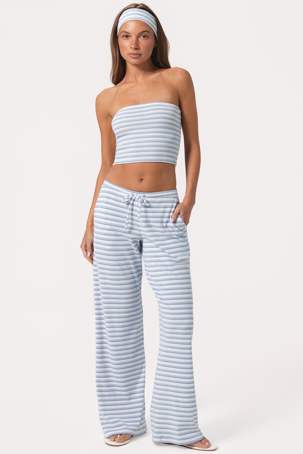 Chic Ribbed Jersey Low-Rise Trousers in Blue Stripe