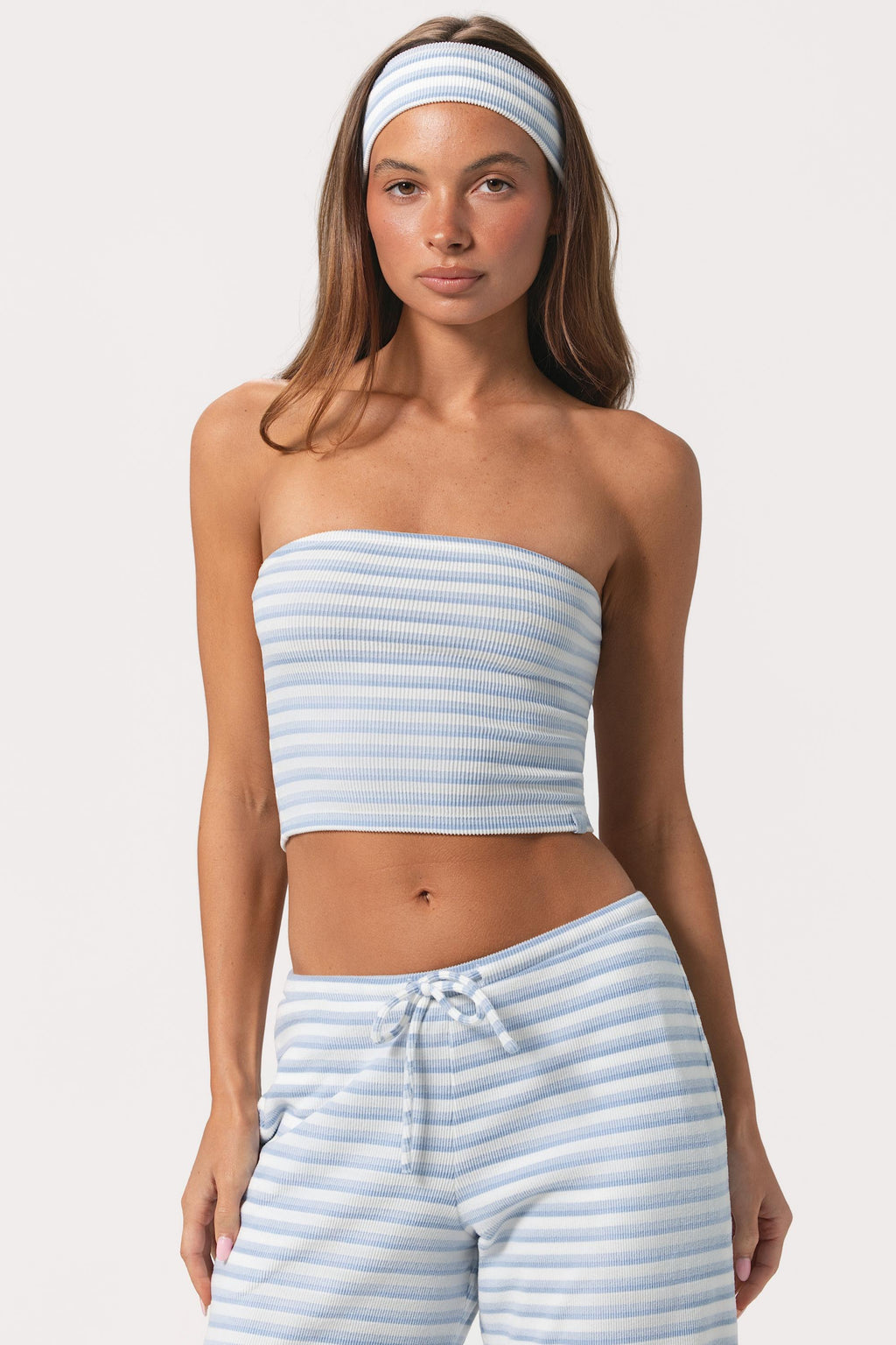 Chic Ribbed Jersey Bandeau Top in Blue Stripe