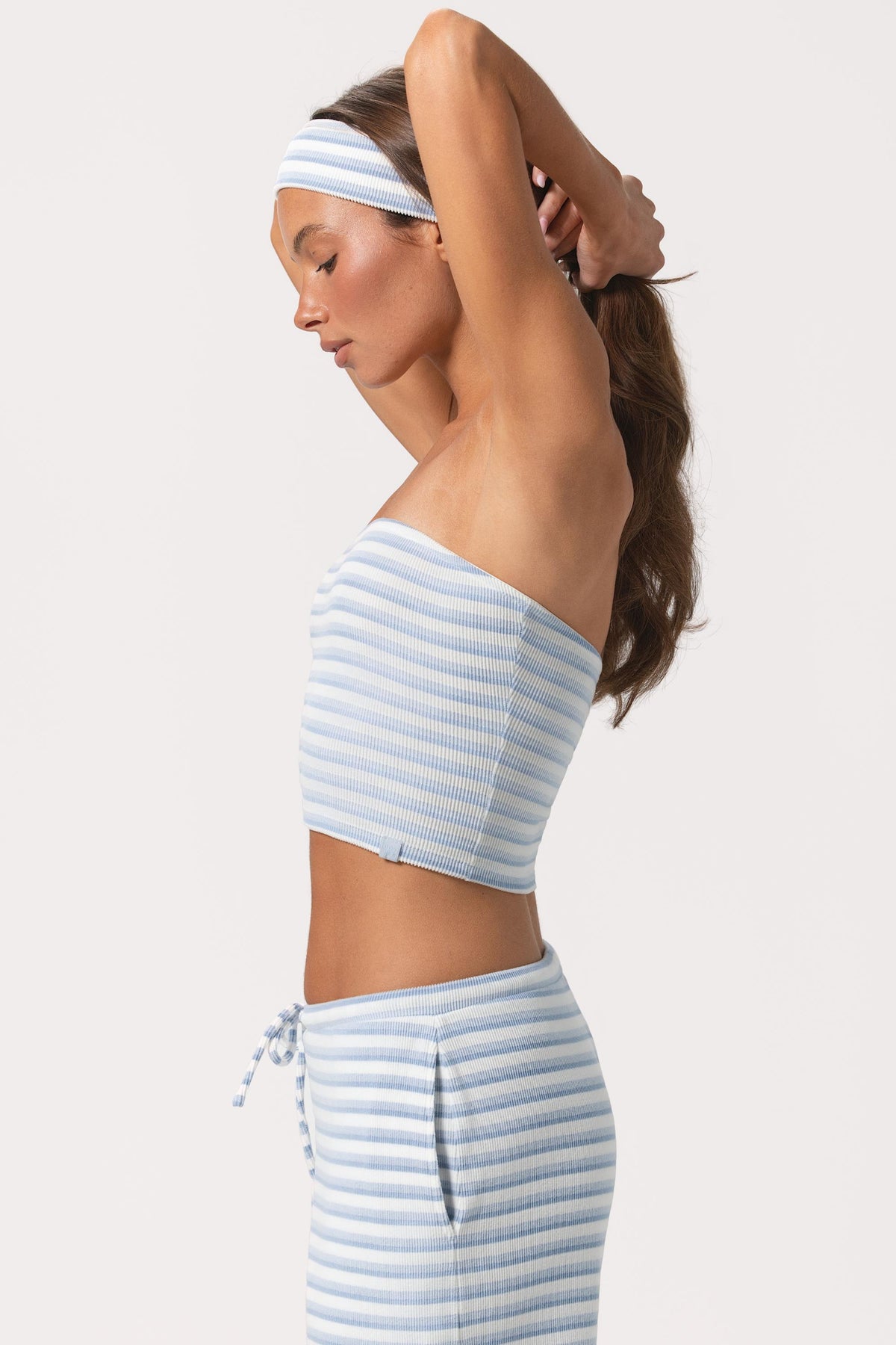 Chic Ribbed Jersey Bandeau Top in Blue Stripe