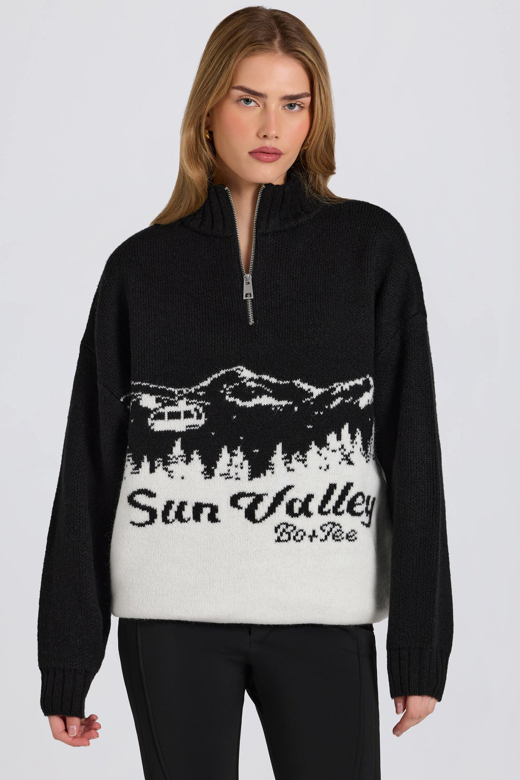 Chic Knit Quarter-Zip Turtleneck Oversized Jumper in Black