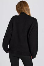 Chic Knit Quarter-Zip Turtleneck Oversized Jumper in Black