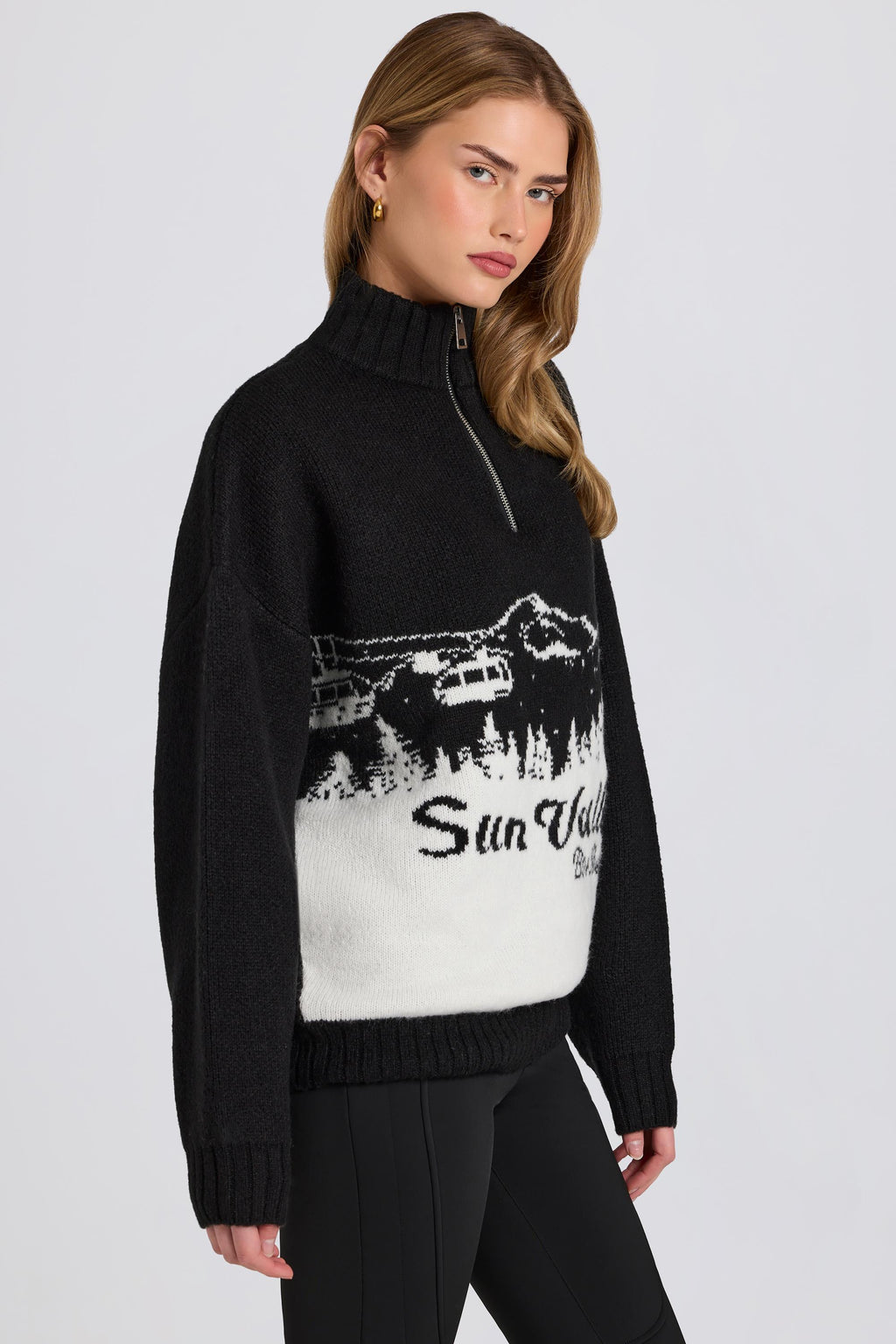Chic Knit Quarter-Zip Turtleneck Oversized Jumper in Black