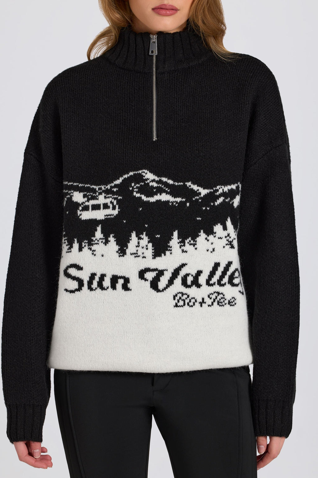Chic Knit Quarter-Zip Turtleneck Oversized Jumper in Black