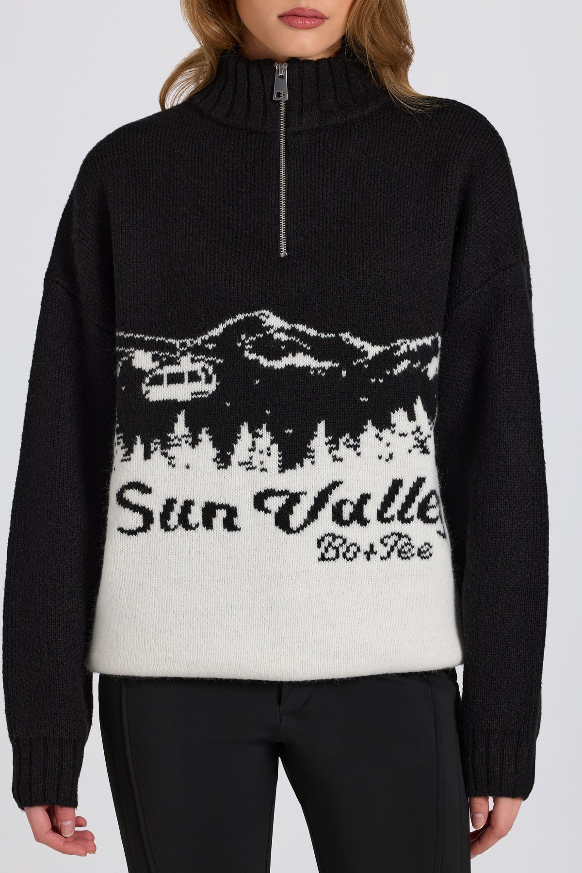 Chic Knit Quarter-Zip Turtleneck Oversized Jumper in Black