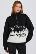 Chic Knit Quarter-Zip Turtleneck Oversized Jumper in Black