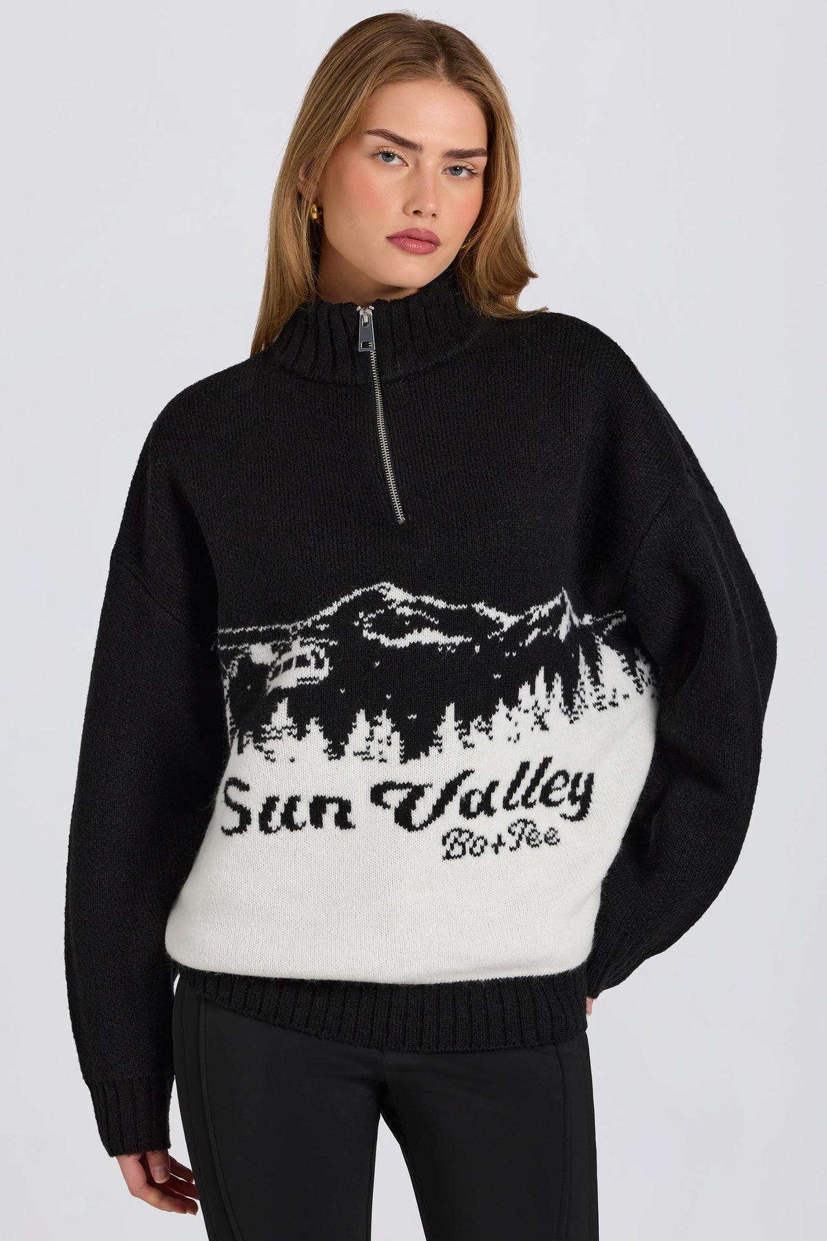 Chic Knit Quarter-Zip Turtleneck Oversized Jumper in Black
