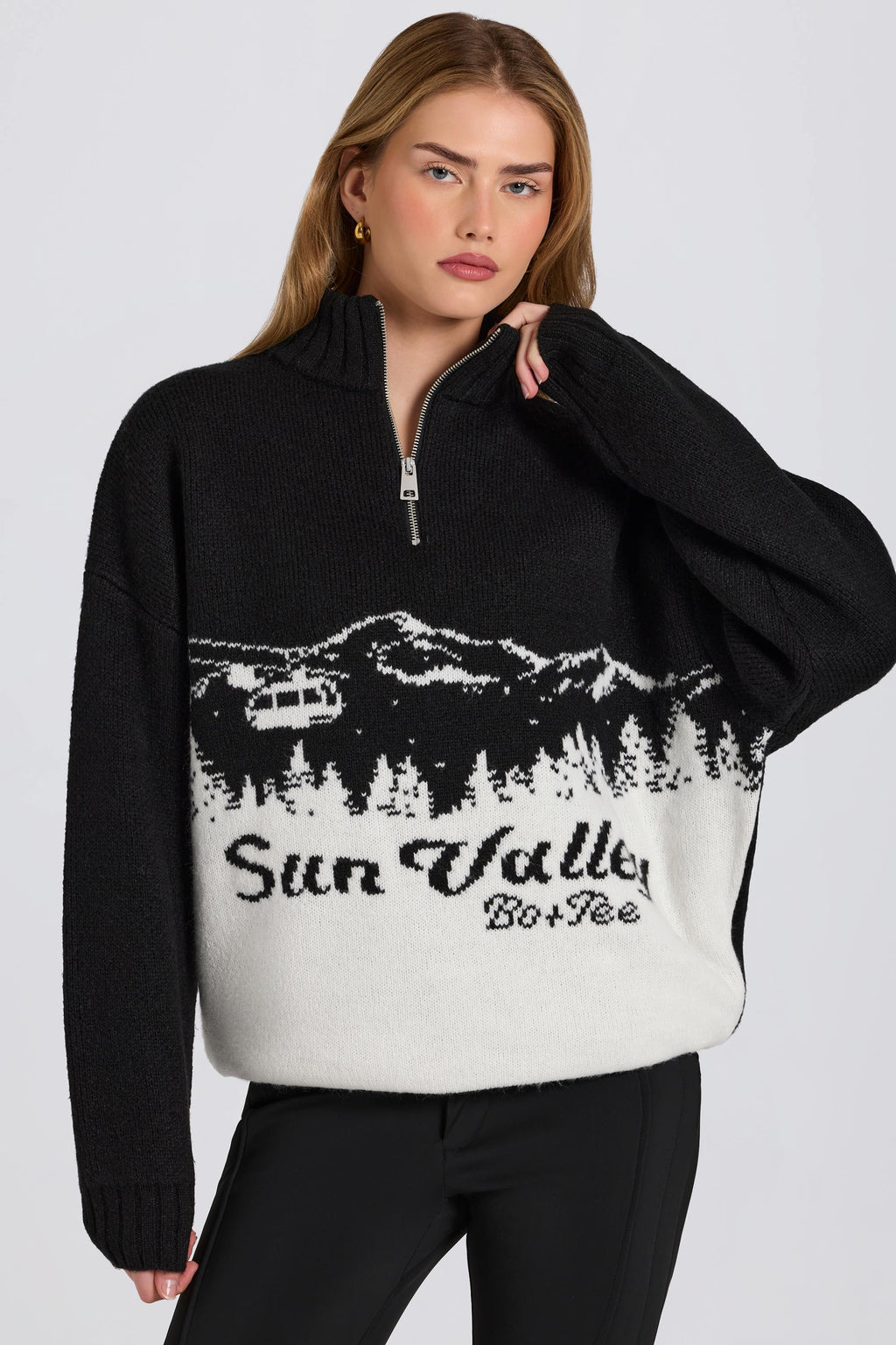 Chic Knit Quarter-Zip Turtleneck Oversized Jumper in Black