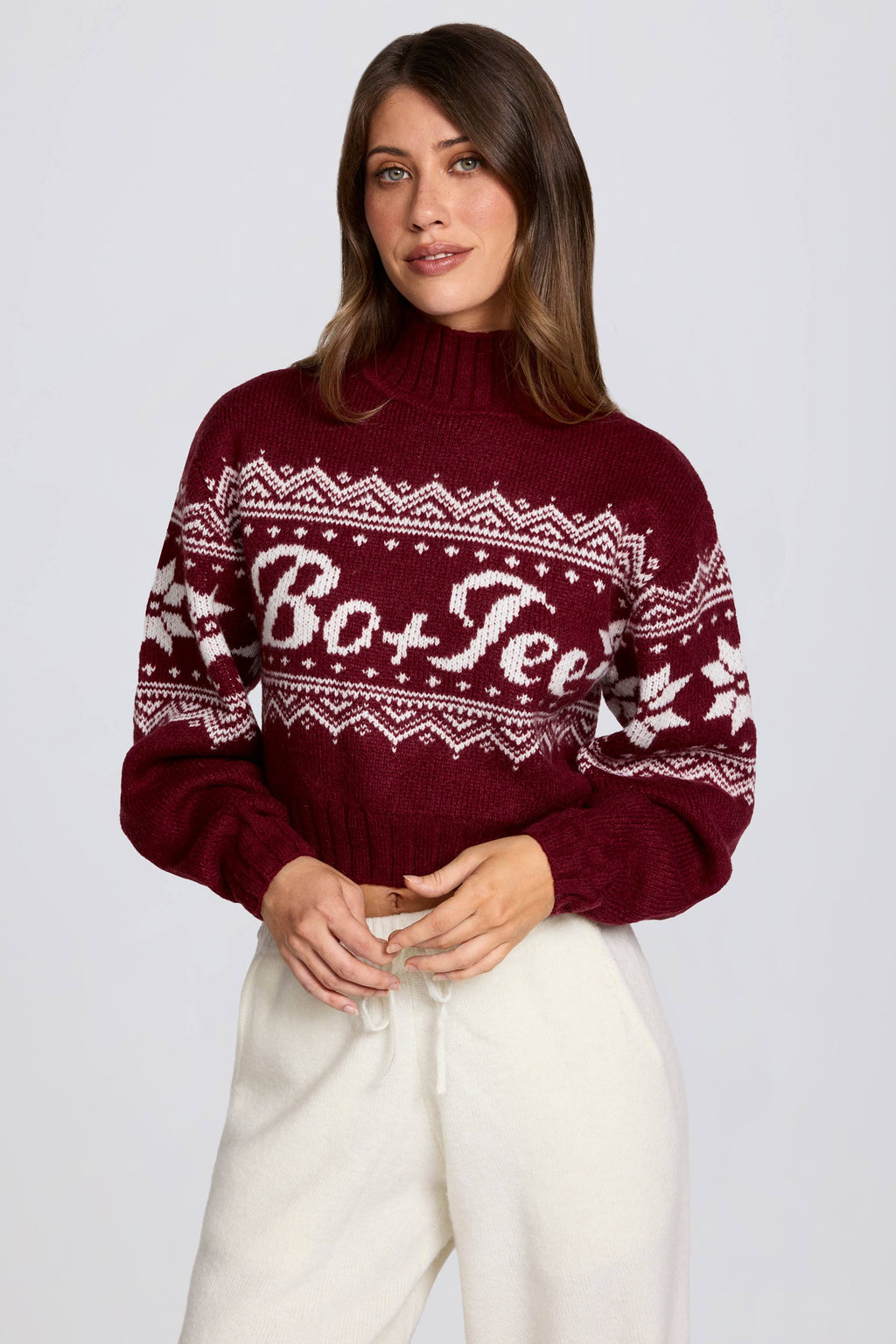 Chic Jacquard-Knit Cropped Jumper in Crimson Red