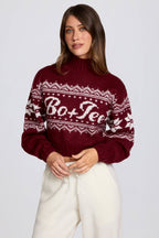 Chic Jacquard-Knit Cropped Jumper in Crimson Red