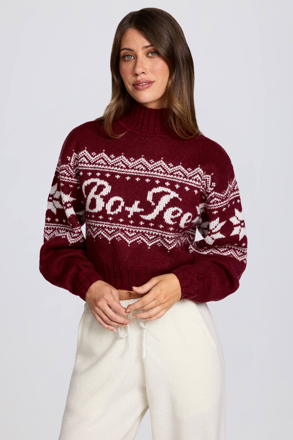 Chic Jacquard-Knit Cropped Jumper in Crimson Red
