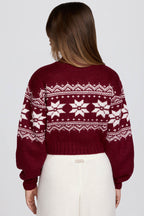 Chic Jacquard-Knit Cropped Jumper in Crimson Red