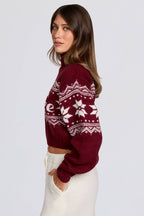 Chic Jacquard-Knit Cropped Jumper in Crimson Red