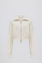 Chic Ribbed Knit Zip-Up Cropped Sweatshirt in Ivory