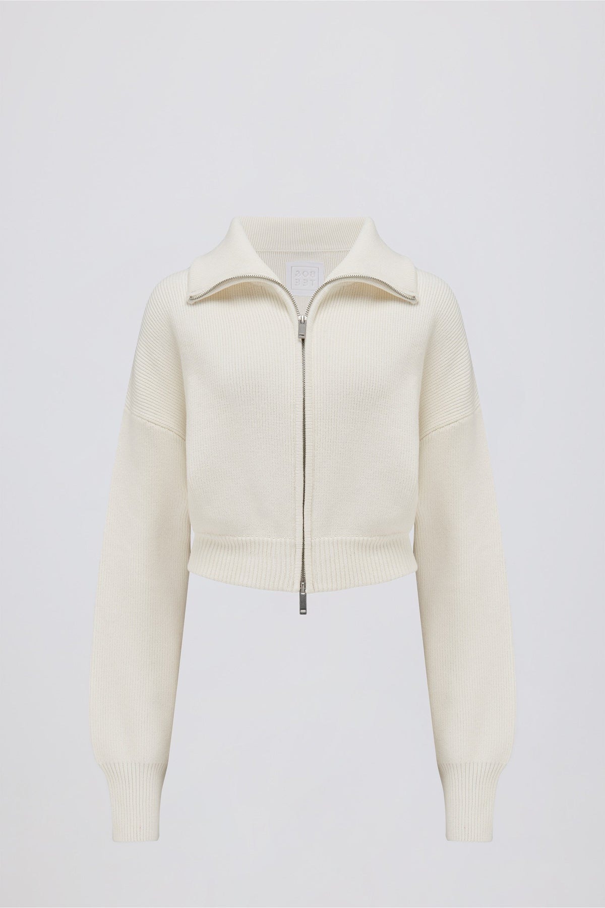 Chic Ribbed Knit Zip-Up Cropped Sweatshirt in Ivory