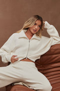 Chic Ribbed Knit Zip-Up Cropped Sweatshirt in Ivory