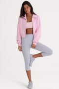 Chic Ribbed Knit Zip-Up Cropped Sweatshirt in Pale Pink