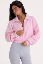 Chic Ribbed Knit Zip-Up Cropped Sweatshirt in Pale Pink