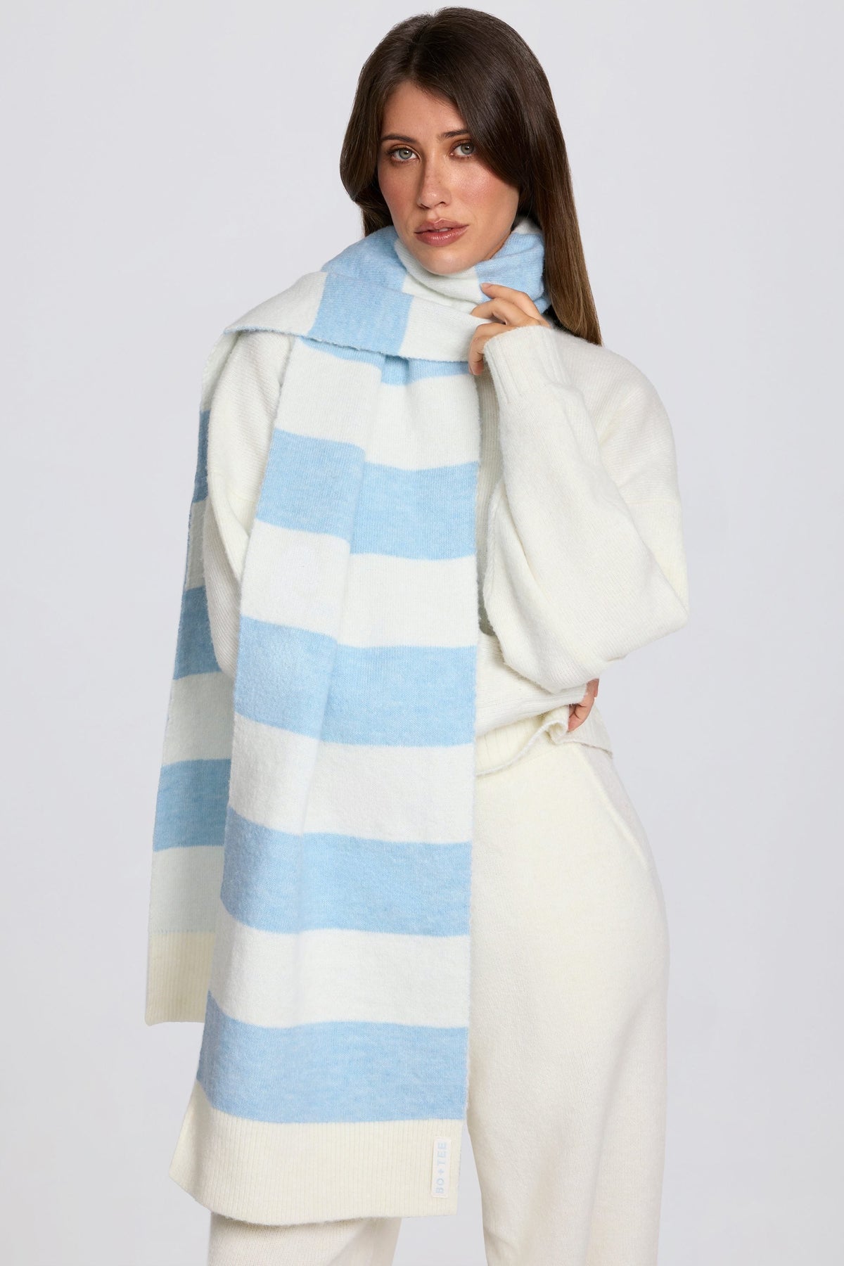 Chic Knit Striped Scarf in Powder Blue