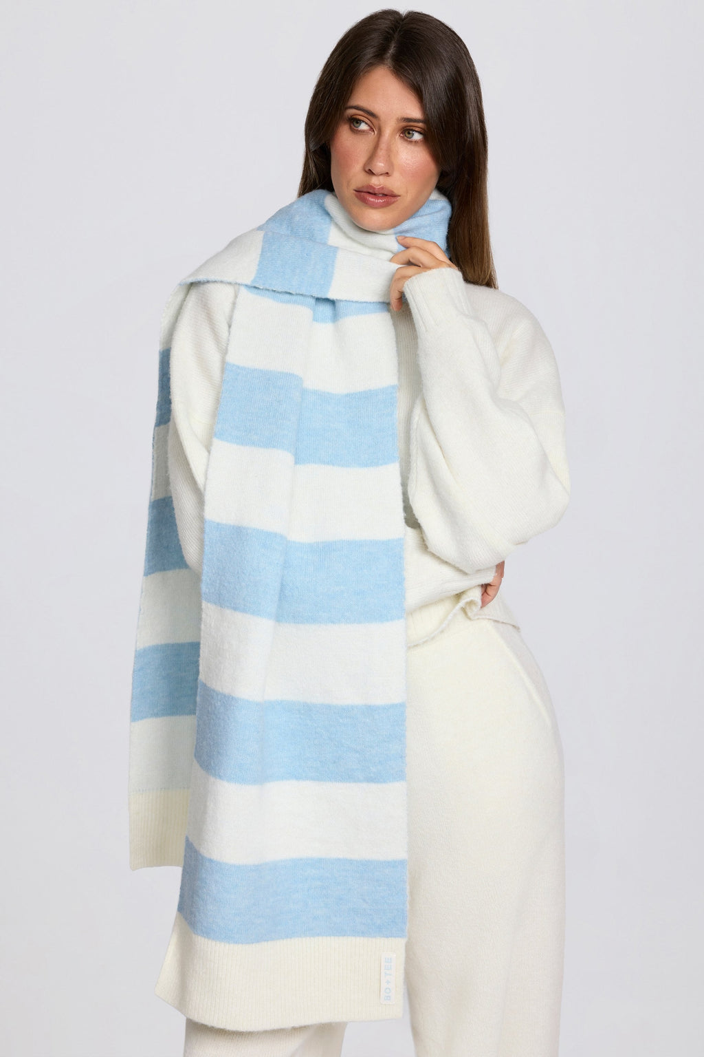 Chic Knit Striped Scarf in Powder Blue