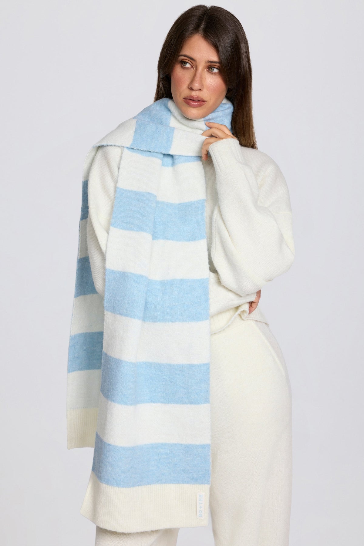 Chic Knit Striped Scarf in Powder Blue
