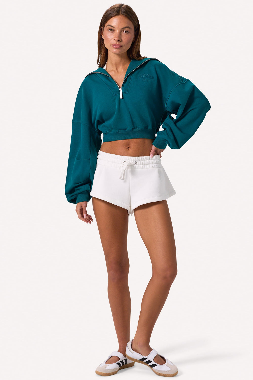 Chic Quarter-Zip Cropped Sweatshirt in Teal