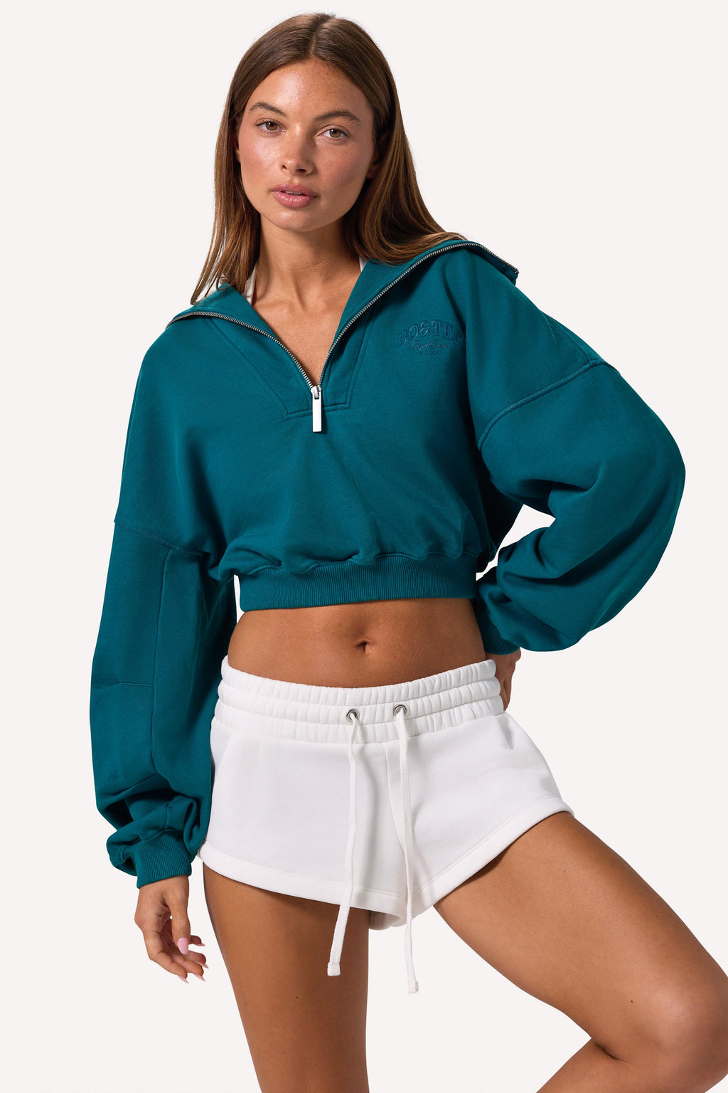 Chic Quarter-Zip Cropped Sweatshirt in Teal