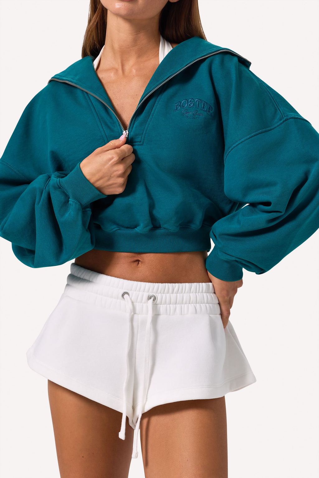 Chic Quarter-Zip Cropped Sweatshirt in Teal