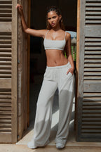Chic Textured Cotton Button Low-Rise Wide-Leg Joggers in Light Grey