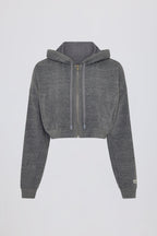 Chic Terry Cotton Zip-Up Cropped Hoodie in Dark Grey