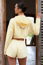 Chic Terry Cotton Zip-Up Cropped Hoodie in Lemon
