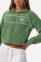 Chic Terry Towelling Zip-Up Cropped Sweatshirt in Jade