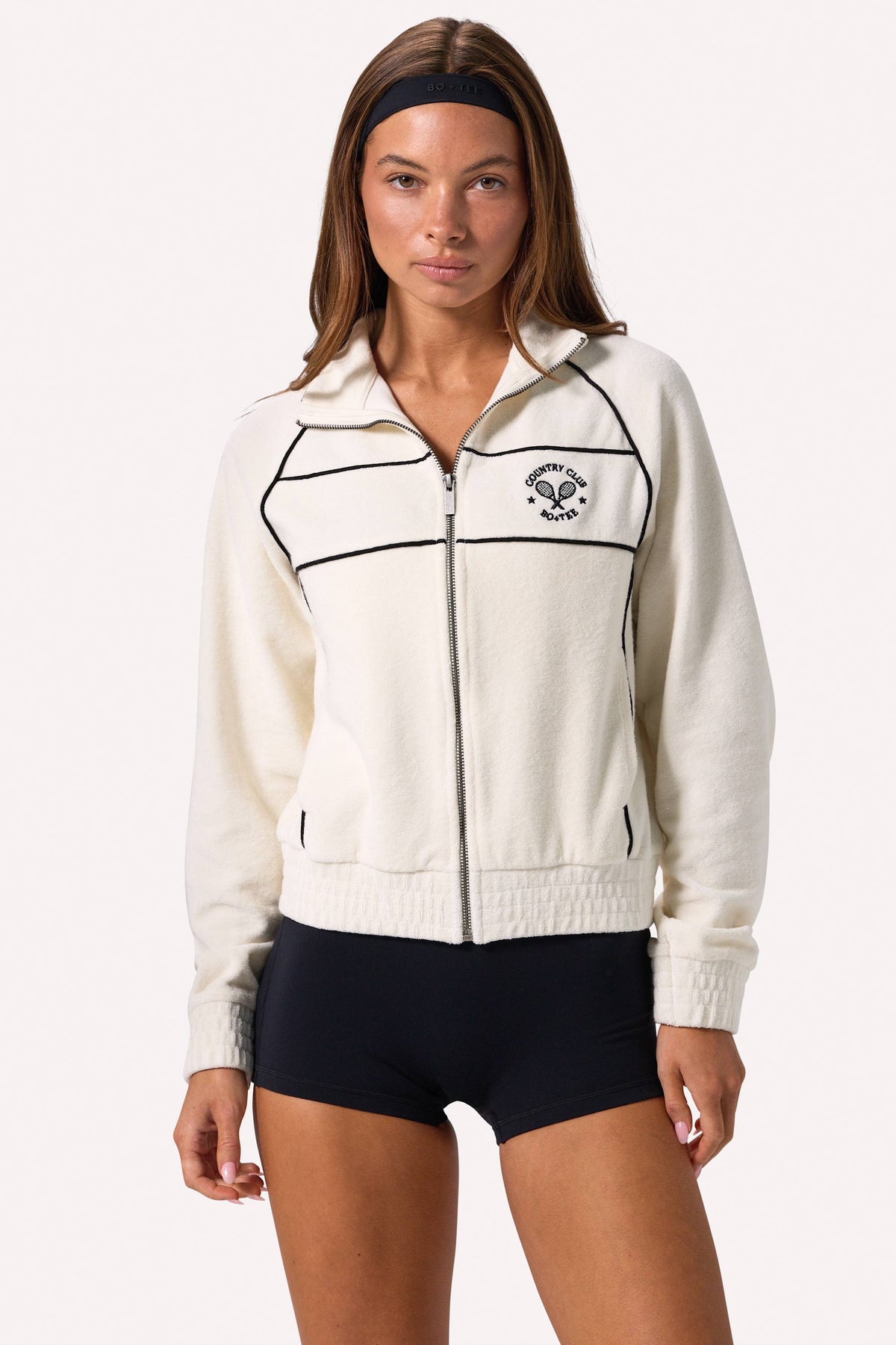Chic Terry Towelling Zip-Up Cropped Sweatshirt in Ivory