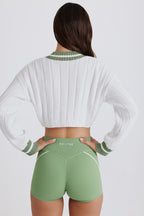 Chic Cable Knit Cotton Cropped Jumper in Green Ivory