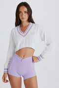 Chic Cable Knit Cotton Cropped Jumper in Lilac Ivory