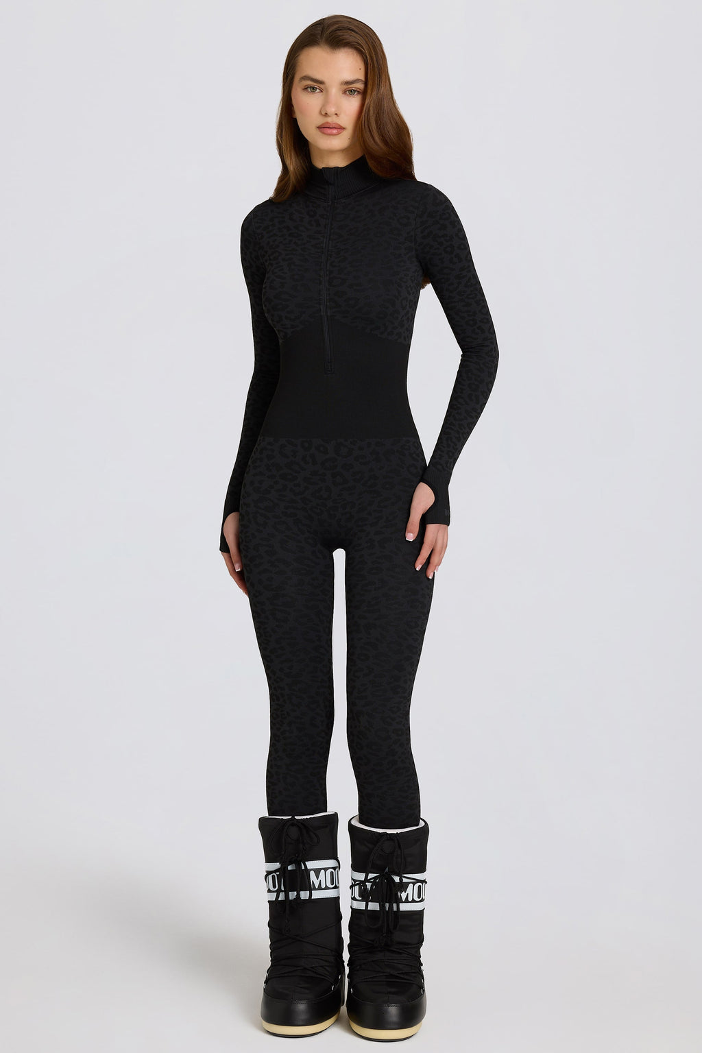 Chic Thermal Base-Layer Jumpsuit in Black Leopard