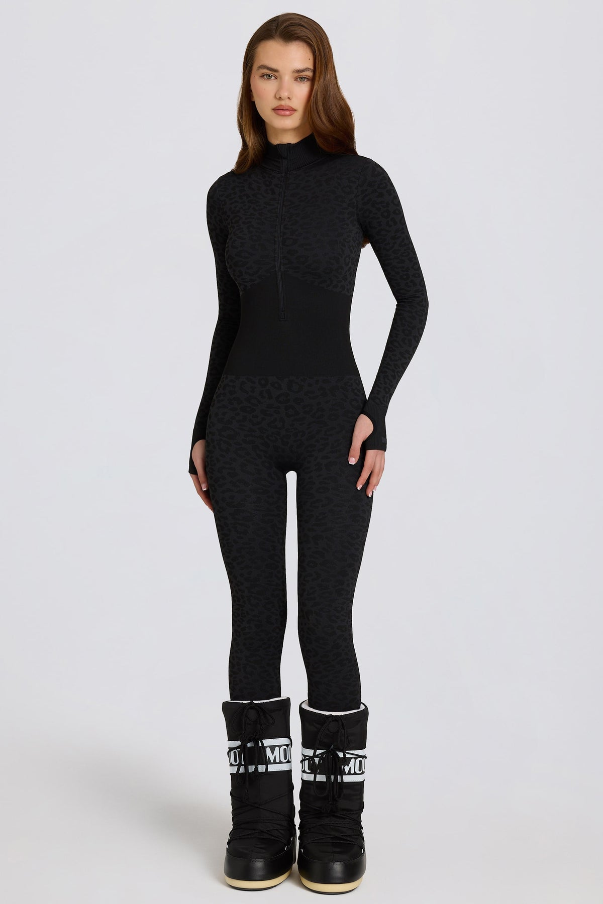 Chic Thermal Base-Layer Jumpsuit in Black Leopard