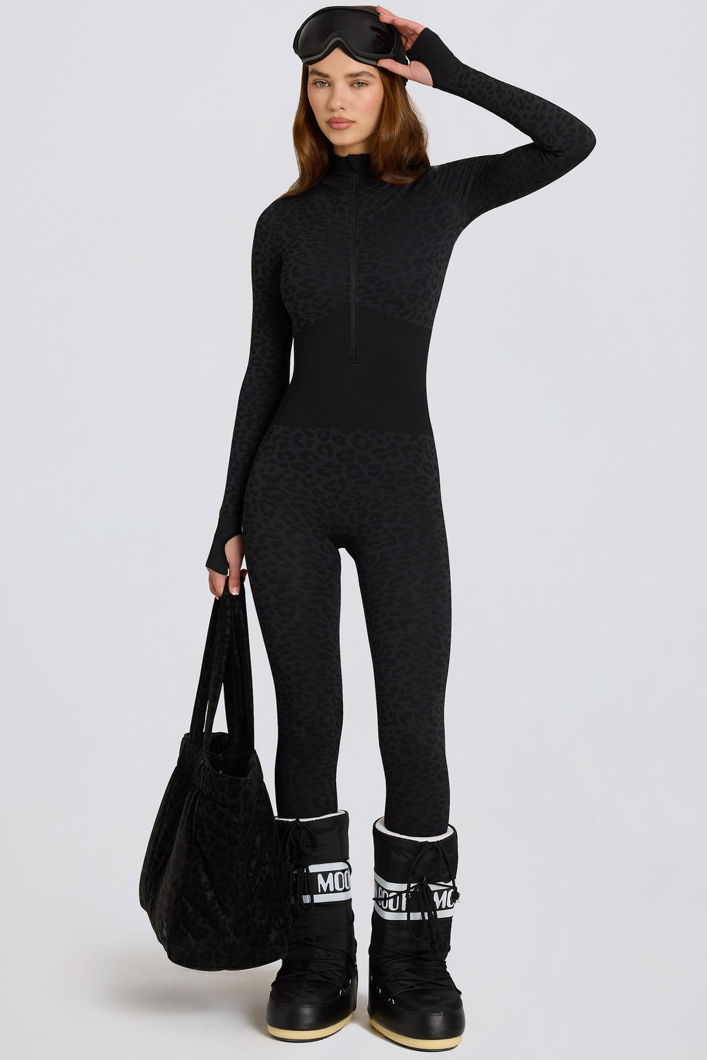 Chic Thermal Base-Layer Jumpsuit in Black Leopard