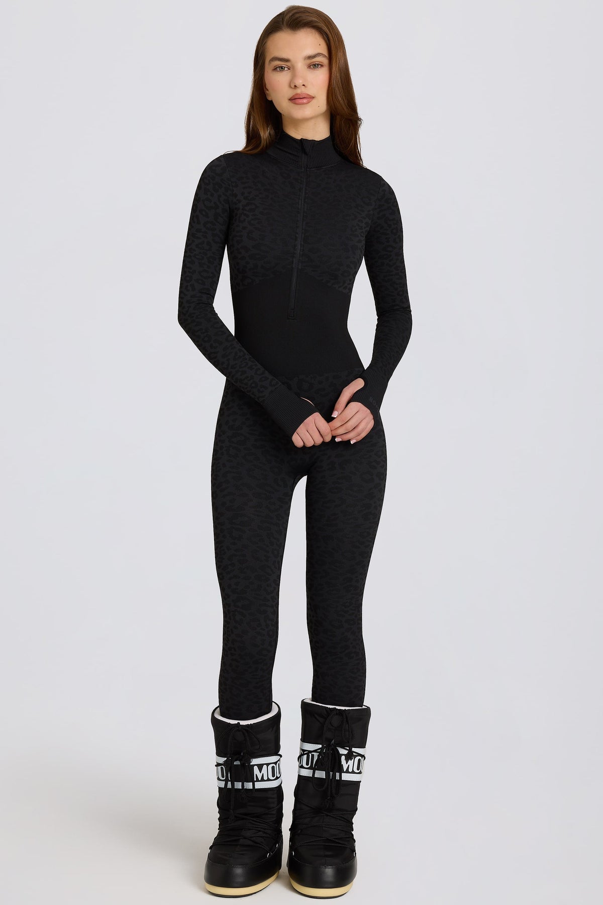 Chic Thermal Base-Layer Jumpsuit in Black Leopard