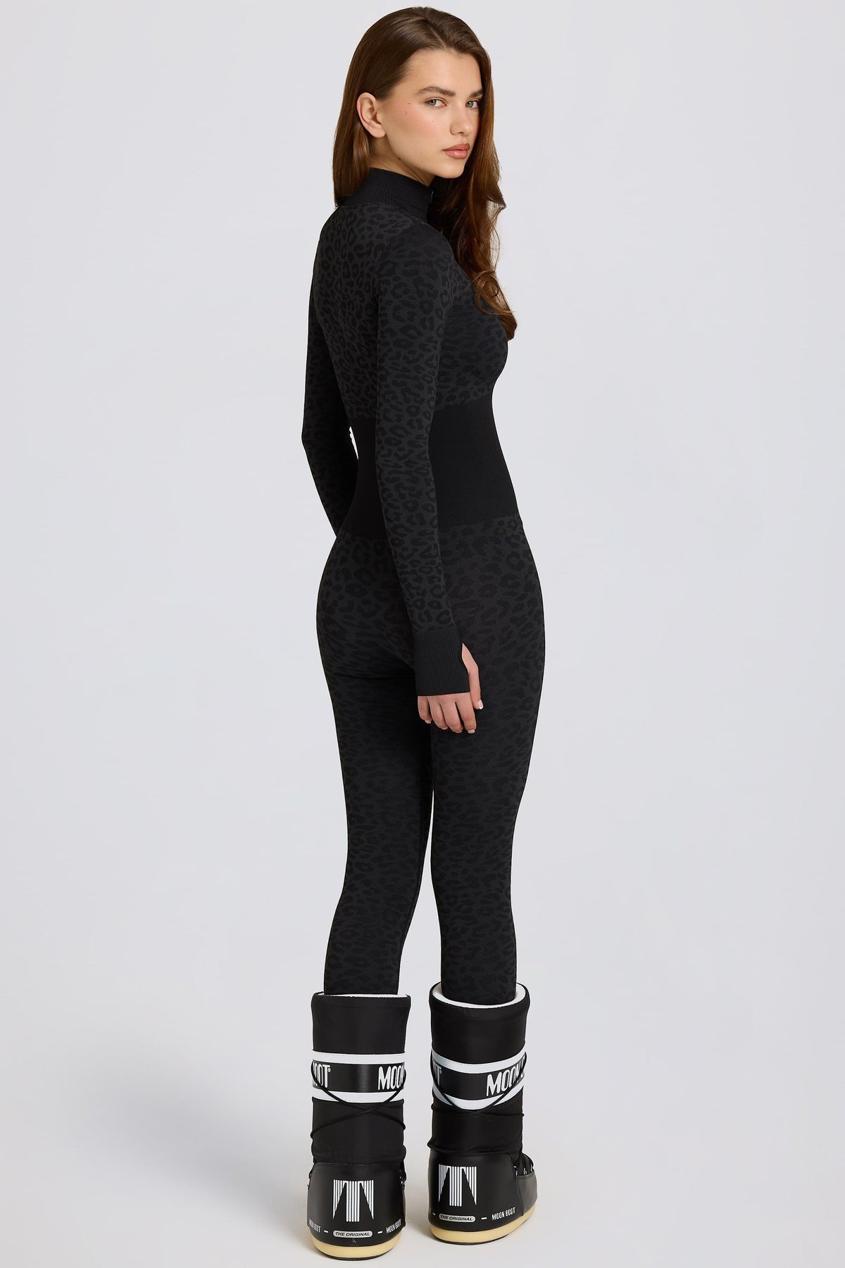 Chic Thermal Base-Layer Jumpsuit in Black Leopard