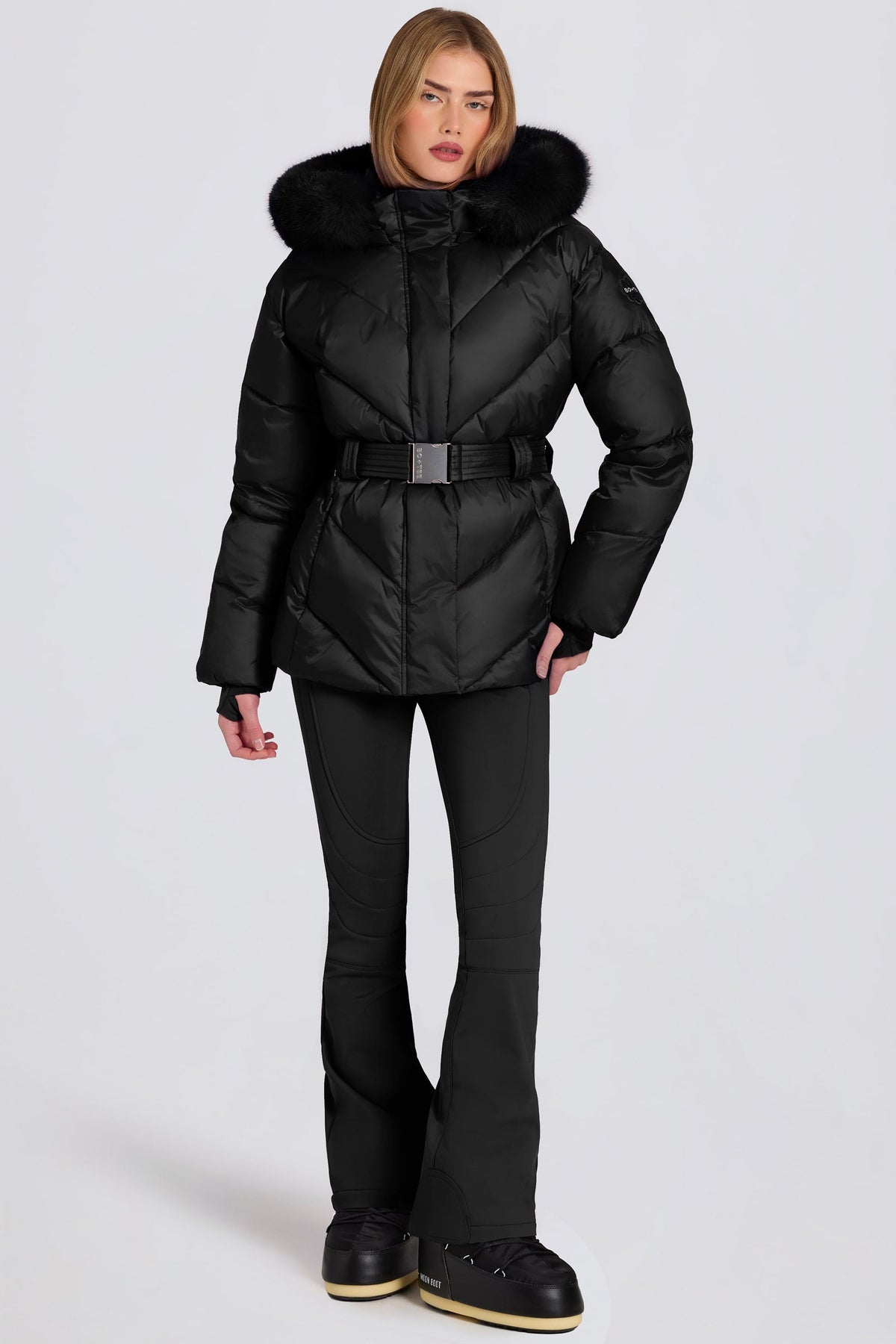 Chic Waterproof Faux-Fur Hood Ski Jacket in Black