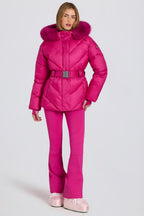 Chic Waterproof Faux-Fur Hood Ski Jacket in Magenta Pink