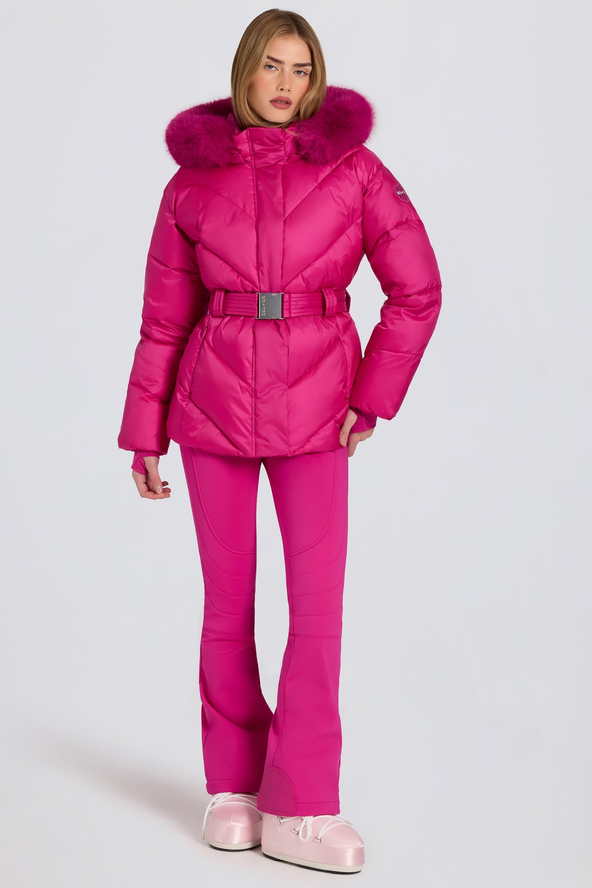 Chic Waterproof Faux-Fur Hood Ski Jacket in Magenta Pink
