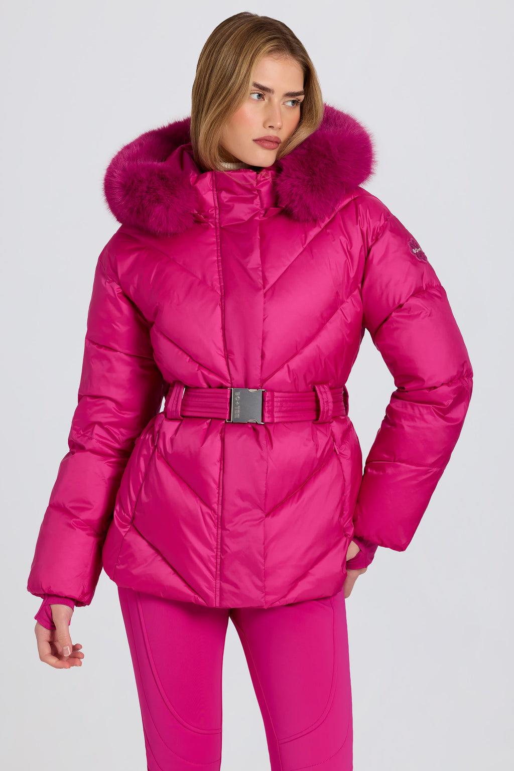 Chic Waterproof Faux-Fur Hood Ski Jacket in Magenta Pink