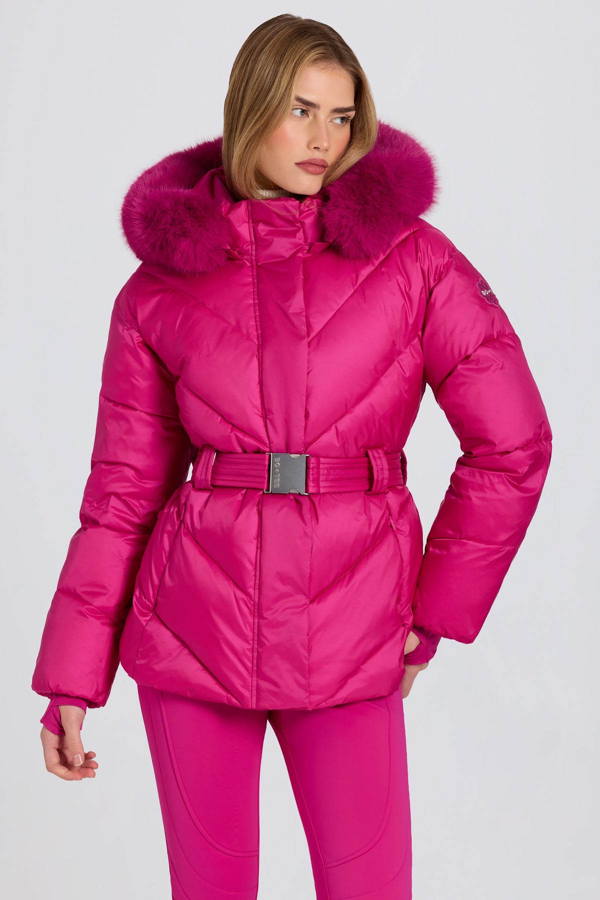 Chic Waterproof Faux-Fur Hood Ski Jacket in Magenta Pink