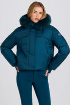 Chic Waterproof Faux-Fur Hood Cropped Ski Jacket in Teal