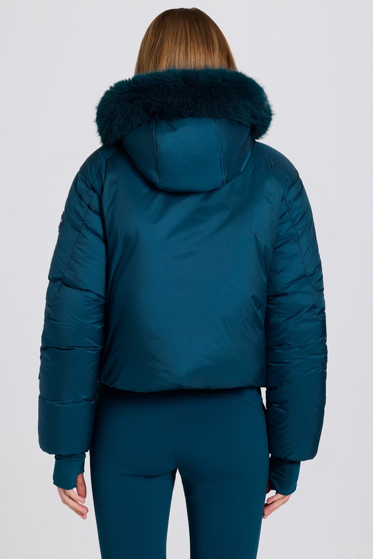 Chic Waterproof Faux-Fur Hood Cropped Ski Jacket in Teal