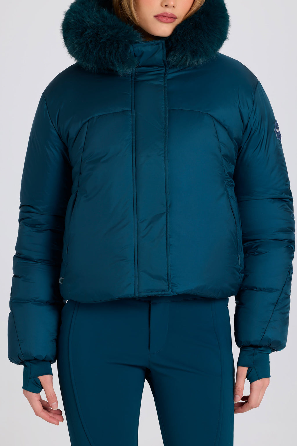 Chic Waterproof Faux-Fur Hood Cropped Ski Jacket in Teal