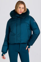 Chic Waterproof Faux-Fur Hood Cropped Ski Jacket in Teal